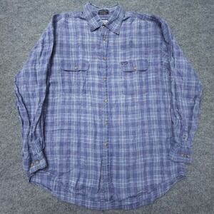 Faconnable Albert Goldberg Designed Mens Large 100% Linen Shirt Blue White Plaid
